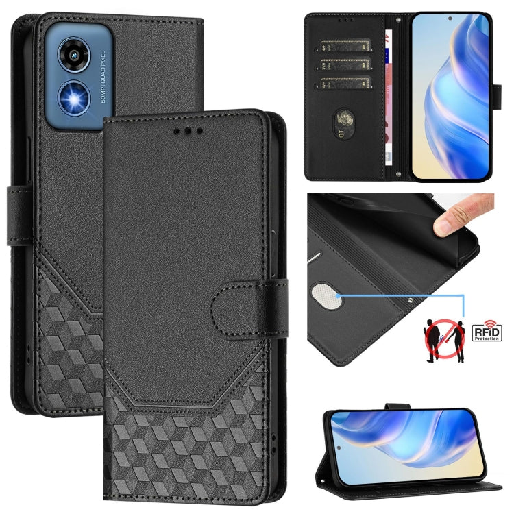 For Motorola Moto G Play 5G 2024 Oversea Honeycomb Embossing RFID Leather Phone Case(Black) - Motorola Cases by PMC Jewellery | Online Shopping South Africa | PMC Jewellery | Buy Now Pay Later Mobicred