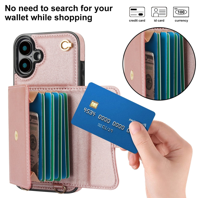 For iPhone 16 Plus RFID Card Slot Phone Case with Long Lanyard(Rose Gold) - iPhone 16 Plus Cases by PMC Jewellery | Online Shopping South Africa | PMC Jewellery | Buy Now Pay Later Mobicred