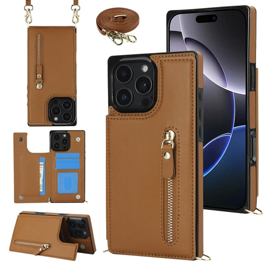 For iPhone 16 Pro Max Cross-body Zipper Square Phone Case(Brown) - iPhone 16 Pro Max Cases by PMC Jewellery | Online Shopping South Africa | PMC Jewellery | Buy Now Pay Later Mobicred