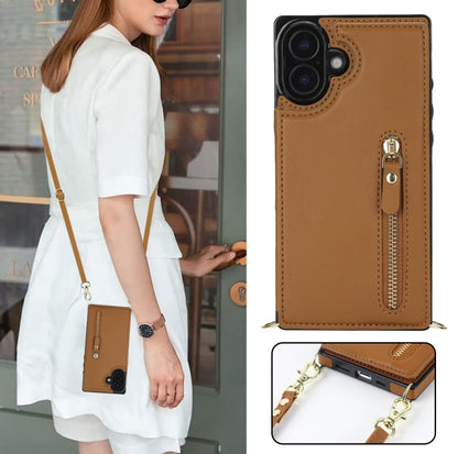 For iPhone 16 Plus Cross-body Zipper Square Phone Case(Brown) - iPhone 16 Plus Cases by PMC Jewellery | Online Shopping South Africa | PMC Jewellery | Buy Now Pay Later Mobicred