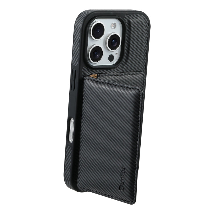 For iPhone 16 Plus Denior Carbon Fiber Texture Leather Card Bag MagSafe Phone Case(Black) - iPhone 16 Plus Cases by Denior | Online Shopping South Africa | PMC Jewellery | Buy Now Pay Later Mobicred