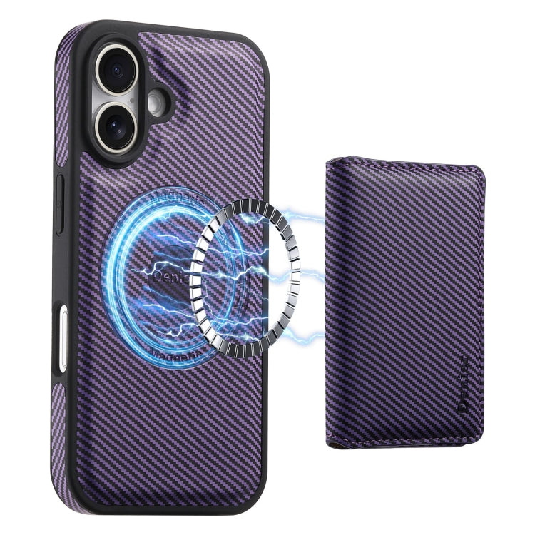 For iPhone 16 Plus Denior Carbon Fiber Texture Leather Card Bag MagSafe Phone Case(Purple) - iPhone 16 Plus Cases by Denior | Online Shopping South Africa | PMC Jewellery | Buy Now Pay Later Mobicred