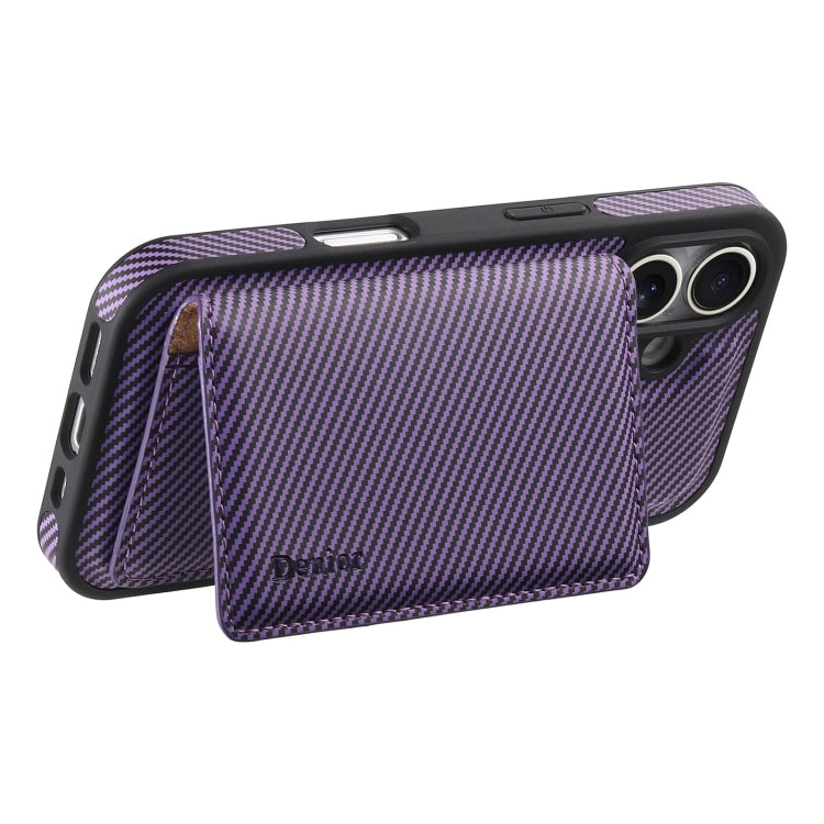 For iPhone 16 Plus Denior Carbon Fiber Texture Leather Card Bag MagSafe Phone Case(Purple) - iPhone 16 Plus Cases by Denior | Online Shopping South Africa | PMC Jewellery | Buy Now Pay Later Mobicred