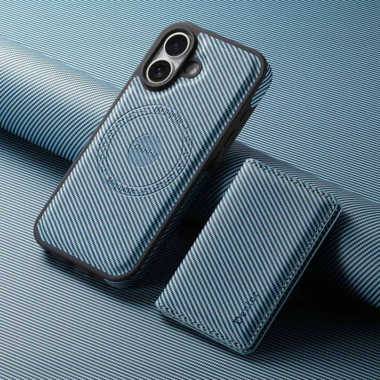 For iPhone 16 Denior Carbon Fiber Texture Leather Card Bag MagSafe Phone Case(Blue) - iPhone 16 Cases by Denior | Online Shopping South Africa | PMC Jewellery | Buy Now Pay Later Mobicred