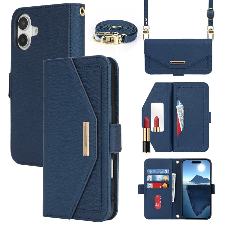 For iPhone 16 Plus Cross Texture Crossbody Lanyard Leather Phone Case(Blue) - iPhone 16 Plus Cases by PMC Jewellery | Online Shopping South Africa | PMC Jewellery | Buy Now Pay Later Mobicred