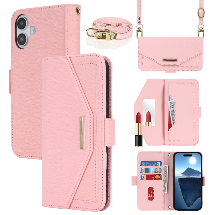 For iPhone 16 Plus Cross Texture Crossbody Lanyard Leather Phone Case(Pink) - iPhone 16 Plus Cases by PMC Jewellery | Online Shopping South Africa | PMC Jewellery | Buy Now Pay Later Mobicred