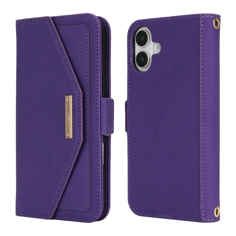 For iPhone 16 Cross Texture Crossbody Lanyard Leather Phone Case(Purple) - iPhone 16 Cases by PMC Jewellery | Online Shopping South Africa | PMC Jewellery | Buy Now Pay Later Mobicred