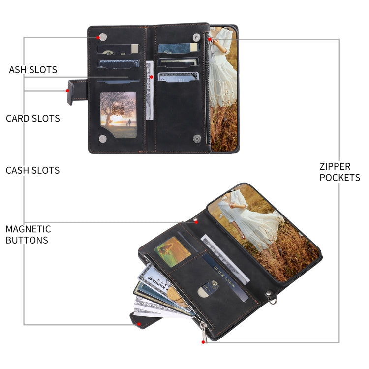 For Samsung Galaxy S25 5G Grid Texture Zipper Leather Phone Case with Lanyard(Black) - Galaxy S25 5G Cases by PMC Jewellery | Online Shopping South Africa | PMC Jewellery | Buy Now Pay Later Mobicred