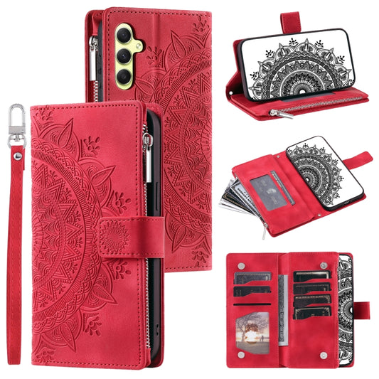 For Samsung Galaxy S25 5G Multi-Card Totem Zipper Leather Phone Case(Red) - Galaxy S25 5G Cases by PMC Jewellery | Online Shopping South Africa | PMC Jewellery | Buy Now Pay Later Mobicred