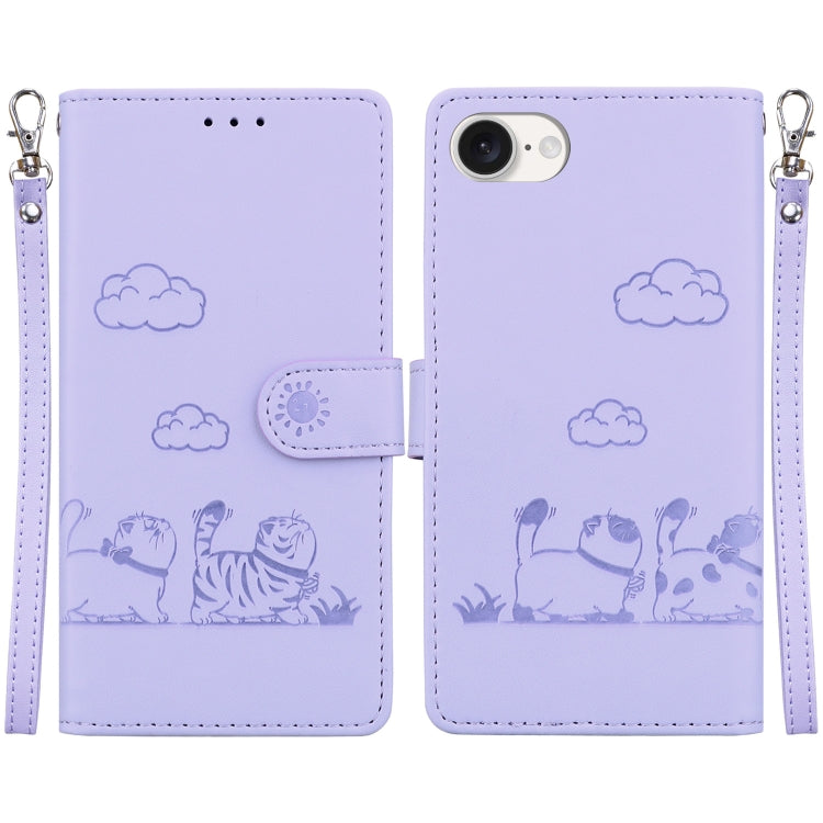 For iPhone 16e Cute Cats RFID Leather Phone Case(Purple) - iPhone 16e Cases by PMC Jewellery | Online Shopping South Africa | PMC Jewellery | Buy Now Pay Later Mobicred