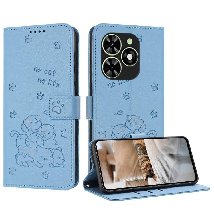 For Tecno Spark Go 2024 4G Embossed Kitten Phone Leather Case with Lanyard(Blue) - Tecno Cases by PMC Jewellery | Online Shopping South Africa | PMC Jewellery | Buy Now Pay Later Mobicred