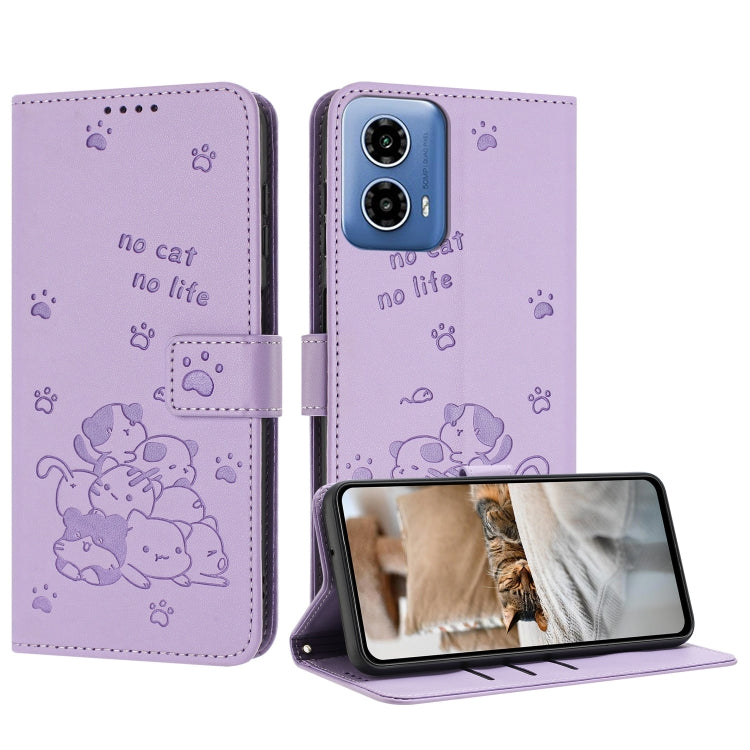 For Motorola Edge 2024 5G Embossed Kitten Phone Leather Case with Lanyard(Purple) - Motorola Cases by PMC Jewellery | Online Shopping South Africa | PMC Jewellery | Buy Now Pay Later Mobicred