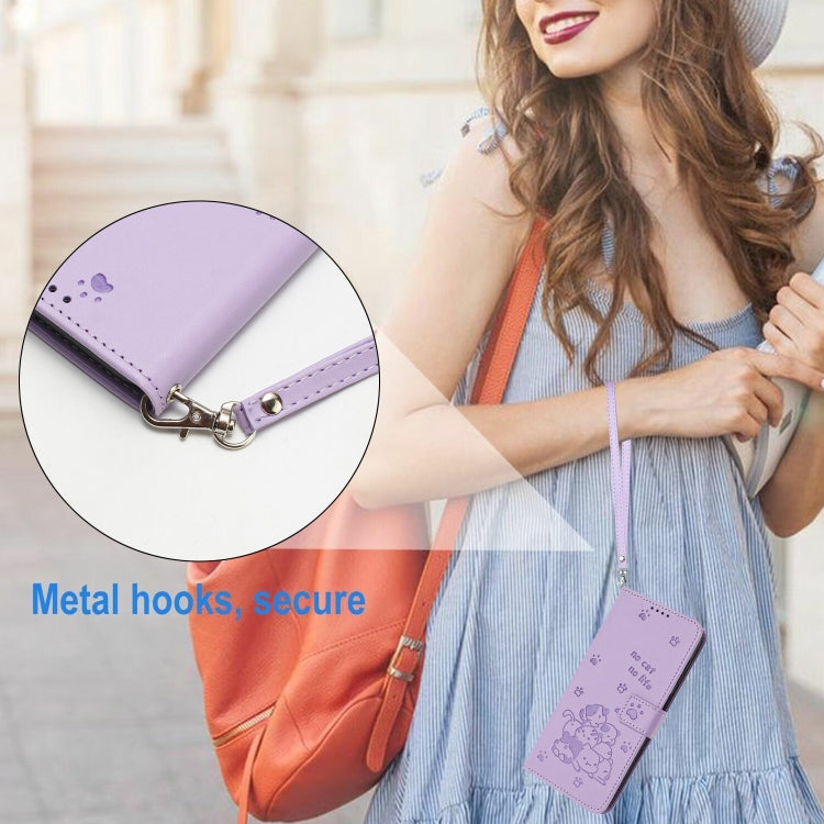 For Motorola Edge 2024 5G Embossed Kitten Phone Leather Case with Lanyard(Purple) - Motorola Cases by PMC Jewellery | Online Shopping South Africa | PMC Jewellery | Buy Now Pay Later Mobicred