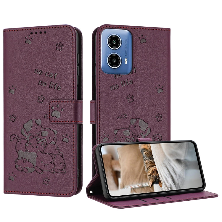 For Motorola Edge 2024 5G Embossed Kitten Phone Leather Case with Lanyard(Wine Red) - Motorola Cases by PMC Jewellery | Online Shopping South Africa | PMC Jewellery | Buy Now Pay Later Mobicred