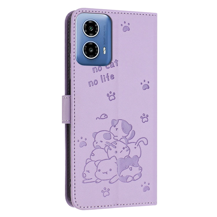 For Motorola Moto G 5G 2024 Embossed Kitten Phone Leather Case with Lanyard(Purple) - Motorola Cases by PMC Jewellery | Online Shopping South Africa | PMC Jewellery | Buy Now Pay Later Mobicred