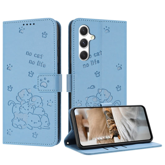 For Samsung Galaxy S25+ / S24+ 5G Embossed Kitten Phone Leather Case with Lanyard(Blue) - Galaxy S24+ 5G Cases by PMC Jewellery | Online Shopping South Africa | PMC Jewellery | Buy Now Pay Later Mobicred