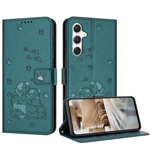 For Samsung Galaxy S25+ / S24+ 5G Embossed Kitten Phone Leather Case with Lanyard(Dark Green) - Galaxy S24+ 5G Cases by PMC Jewellery | Online Shopping South Africa | PMC Jewellery | Buy Now Pay Later Mobicred