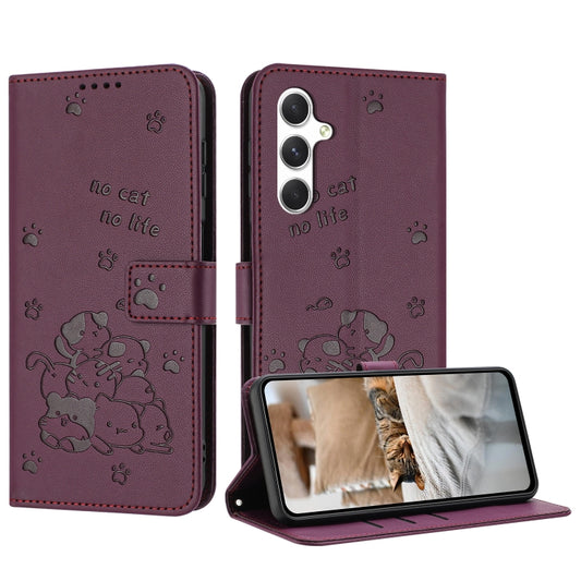 For Samsung Galaxy S25+ / S24+ 5G Embossed Kitten Phone Leather Case with Lanyard(Wine Red) - Galaxy S24+ 5G Cases by PMC Jewellery | Online Shopping South Africa | PMC Jewellery | Buy Now Pay Later Mobicred