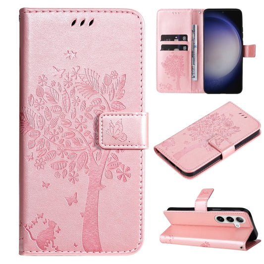 For Samsung Galaxy S25 / S24 5G Tree & Cat Embossed Pattern Flip Leather Phone Case(Rose Gold) - Galaxy S25 5G Cases by PMC Jewellery | Online Shopping South Africa | PMC Jewellery | Buy Now Pay Later Mobicred