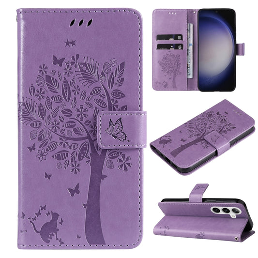 For Samsung Galaxy S25+ / S24+ 5G Tree & Cat Embossed Pattern Flip Leather Phone Case(Light Purple) - Galaxy S25+ 5G Cases by PMC Jewellery | Online Shopping South Africa | PMC Jewellery | Buy Now Pay Later Mobicred