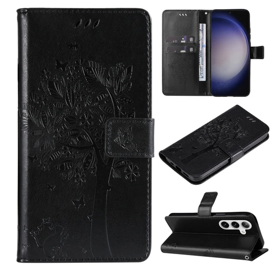 For Samsung Galaxy S25+ / S24+ 5G Tree & Cat Embossed Pattern Flip Leather Phone Case(Black) - Galaxy S25+ 5G Cases by PMC Jewellery | Online Shopping South Africa | PMC Jewellery | Buy Now Pay Later Mobicred