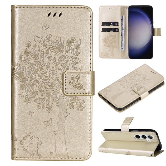 For Samsung Galaxy S25+ / S24+ 5G Tree & Cat Embossed Pattern Flip Leather Phone Case(Gold) - Galaxy S25+ 5G Cases by PMC Jewellery | Online Shopping South Africa | PMC Jewellery | Buy Now Pay Later Mobicred