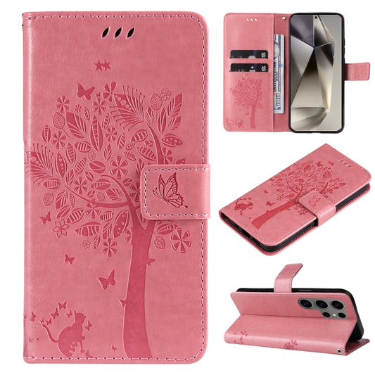 For Samsung Galaxy S25 Ultra 5G Tree & Cat Embossed Pattern Flip Leather Phone Case(Pink) - Galaxy S25 Ultra 5G Cases by PMC Jewellery | Online Shopping South Africa | PMC Jewellery | Buy Now Pay Later Mobicred