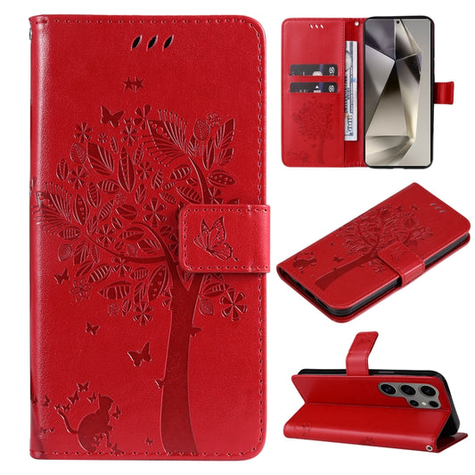 For Samsung Galaxy S25 Ultra 5G Tree & Cat Embossed Pattern Flip Leather Phone Case(Red) - Galaxy S25 Ultra 5G Cases by PMC Jewellery | Online Shopping South Africa | PMC Jewellery | Buy Now Pay Later Mobicred