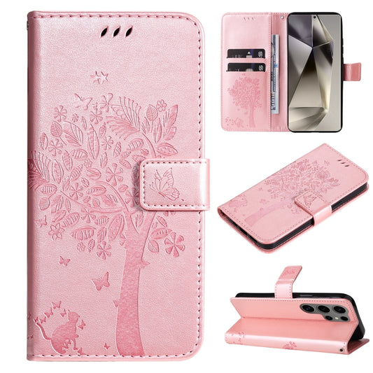 For Samsung Galaxy S25 Ultra 5G Tree & Cat Embossed Pattern Flip Leather Phone Case(Rose Gold) - Galaxy S25 Ultra 5G Cases by PMC Jewellery | Online Shopping South Africa | PMC Jewellery | Buy Now Pay Later Mobicred