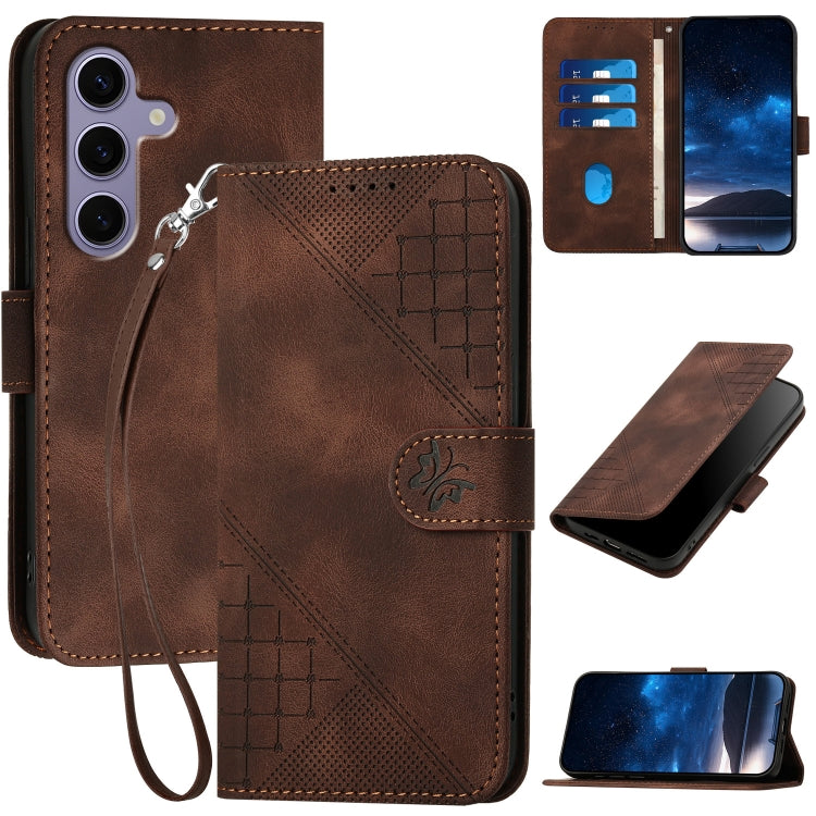 For Samsung Galaxy S25 5G YX0080 Grid Butterfly Embossed Pattern Flip Leather Phone Case with Lanyard(Coffee) - Galaxy S25 5G Cases by PMC Jewellery | Online Shopping South Africa | PMC Jewellery | Buy Now Pay Later Mobicred