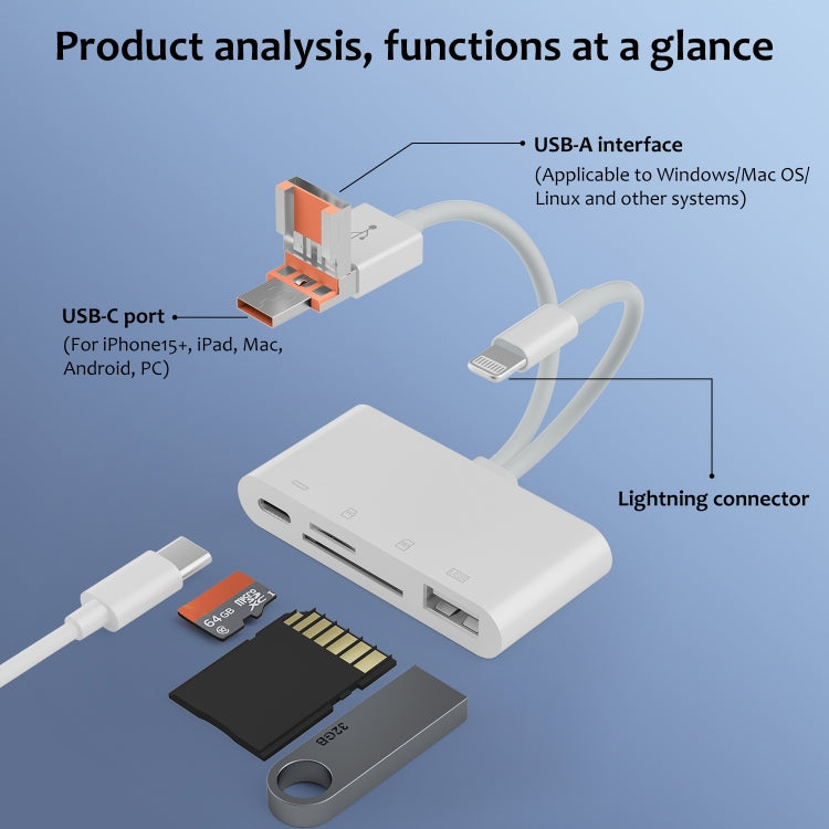 NK-108TL Pro USB-C / Type-C, 8 Pin, USB to USB-C / Type-C, USB, TF, SD Card Multi-function Card Reader Adapter(White) - U Disk & Card Reader by PMC Jewellery | Online Shopping South Africa | PMC Jewellery | Buy Now Pay Later Mobicred