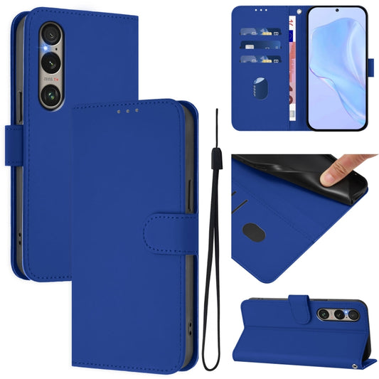 For Sony Xperia 1 VI 2024 Skin Feel Solid Color Leather Phone Case with Lanyard(Dark Blue) - Sony Cases by PMC Jewellery | Online Shopping South Africa | PMC Jewellery | Buy Now Pay Later Mobicred