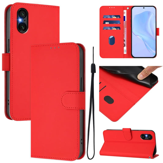 For Sony Xperia 5 VI 2024 Skin Feel Solid Color Leather Phone Case with Lanyard(Red) - Sony Cases by PMC Jewellery | Online Shopping South Africa | PMC Jewellery | Buy Now Pay Later Mobicred