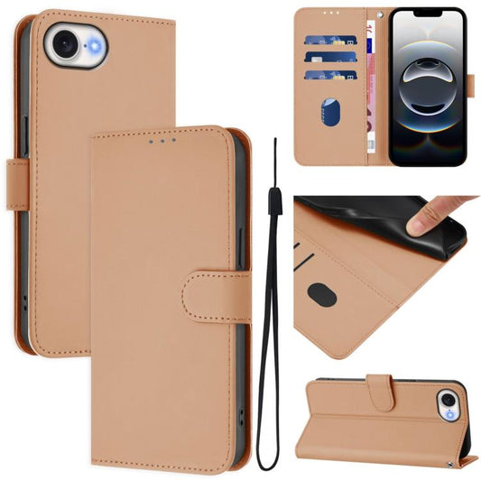 For iPhone 16e Skin Feel Solid Color Leather Phone Case with Lanyard(Nude) - iPhone 16e Cases by PMC Jewellery | Online Shopping South Africa | PMC Jewellery | Buy Now Pay Later Mobicred