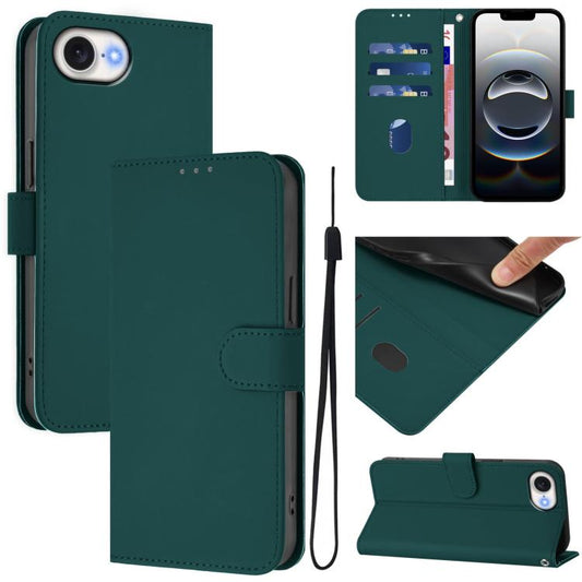 For iPhone 16e Skin Feel Solid Color Leather Phone Case with Lanyard(Dark Green) - iPhone 16e Cases by PMC Jewellery | Online Shopping South Africa | PMC Jewellery | Buy Now Pay Later Mobicred