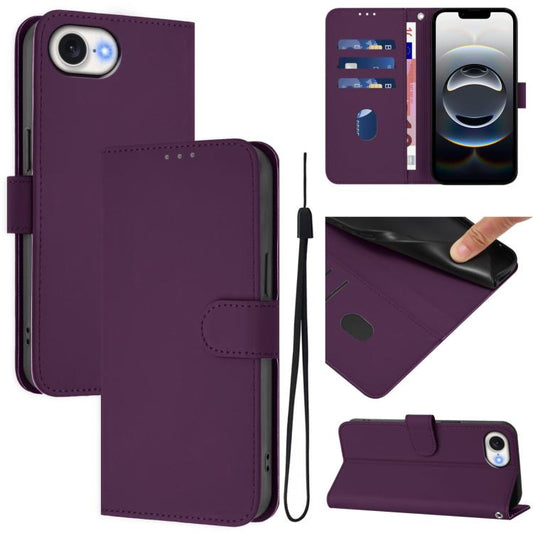 For iPhone 16e Skin Feel Solid Color Leather Phone Case with Lanyard(Violet) - iPhone 16e Cases by PMC Jewellery | Online Shopping South Africa | PMC Jewellery | Buy Now Pay Later Mobicred