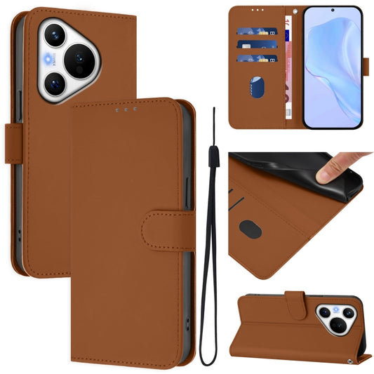 For Huawei Pura 70 Skin Feel Solid Color Leather Phone Case with Lanyard(Brown) - Huawei Cases by PMC Jewellery | Online Shopping South Africa | PMC Jewellery | Buy Now Pay Later Mobicred