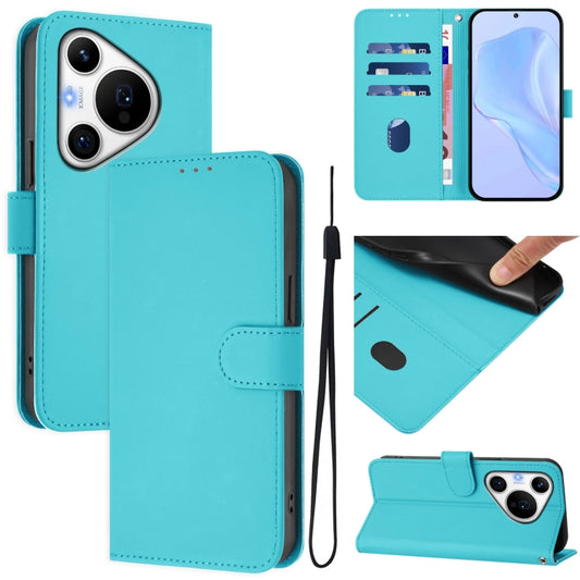 For Huawei Pura 70 Pro / 70 Pro+ Skin Feel Solid Color Leather Phone Case with Lanyard(Lake Blue) - Huawei Cases by PMC Jewellery | Online Shopping South Africa | PMC Jewellery | Buy Now Pay Later Mobicred