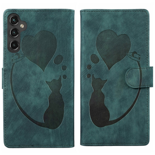 For Samsung Galaxy S25+ 5G Pen Heart Cat Embossed Leather Phone Case(Green) - Galaxy S25+ 5G Cases by PMC Jewellery | Online Shopping South Africa | PMC Jewellery | Buy Now Pay Later Mobicred