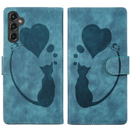 For Samsung Galaxy S25+ 5G Pen Heart Cat Embossed Leather Phone Case(Blue) - Galaxy S25+ 5G Cases by PMC Jewellery | Online Shopping South Africa | PMC Jewellery | Buy Now Pay Later Mobicred