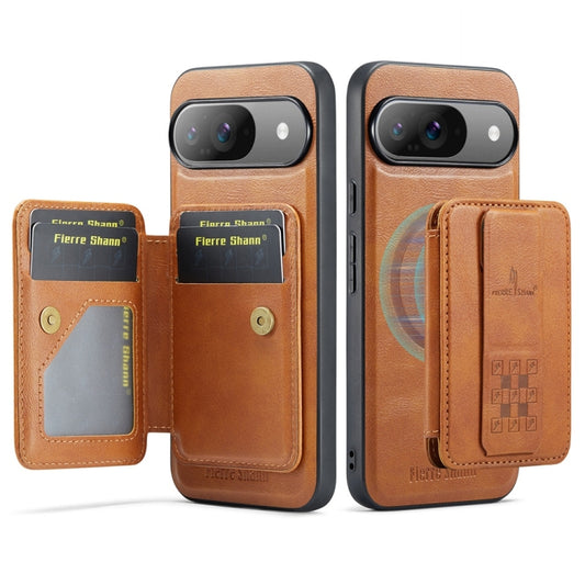 For Google Pixel 9 / 9 Pro Fierre Shann Cowhide Horizontal Flip Magnetic Card Holder Phone Case(Brown) - Google Cases by FIERRE SHANN | Online Shopping South Africa | PMC Jewellery | Buy Now Pay Later Mobicred