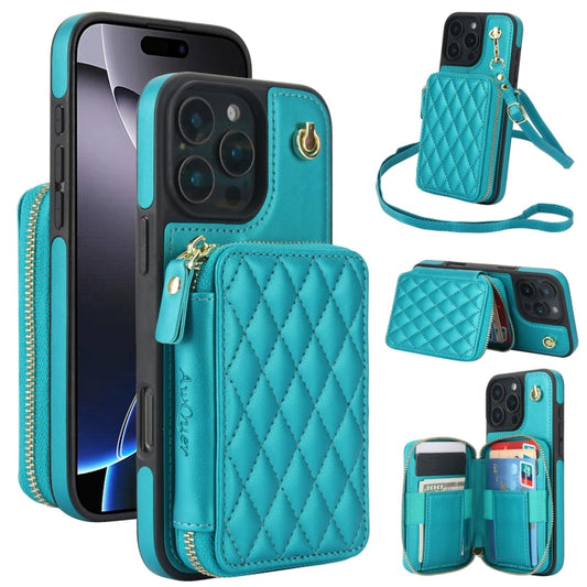 For iPhone 16 Pro Max AwQuer Crossbody Zipper Wallet Rhombic Leather Back Phone Case(Green) - iPhone 16 Pro Max Cases by Awquer | Online Shopping South Africa | PMC Jewellery | Buy Now Pay Later Mobicred