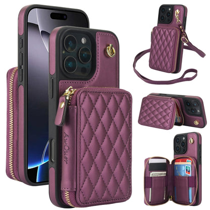 For iPhone 16 Pro Max AwQuer Crossbody Zipper Wallet Rhombic Leather Back Phone Case(Dark Purple) - iPhone 16 Pro Max Cases by Awquer | Online Shopping South Africa | PMC Jewellery | Buy Now Pay Later Mobicred