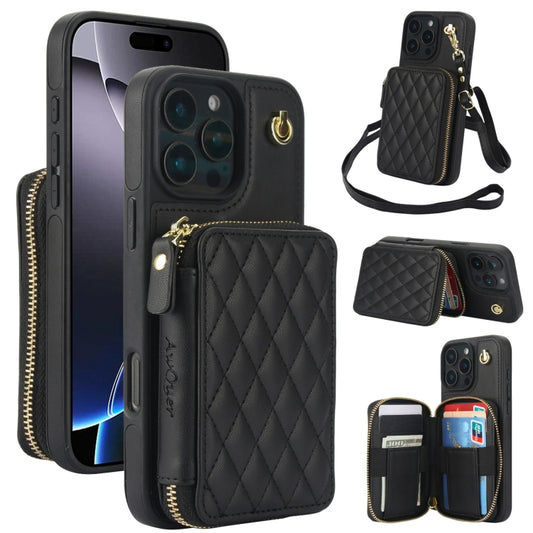 For iPhone 16 Pro AwQuer Crossbody Zipper Wallet Rhombic Leather Back Phone Case(Black) - iPhone 16 Pro Cases by Awquer | Online Shopping South Africa | PMC Jewellery | Buy Now Pay Later Mobicred