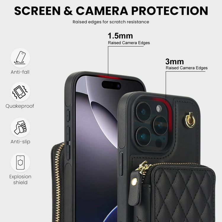 For iPhone 16 Pro AwQuer Crossbody Zipper Wallet Rhombic Leather Back Phone Case(Black) - free shipping - PMC Jewellery - Order now!