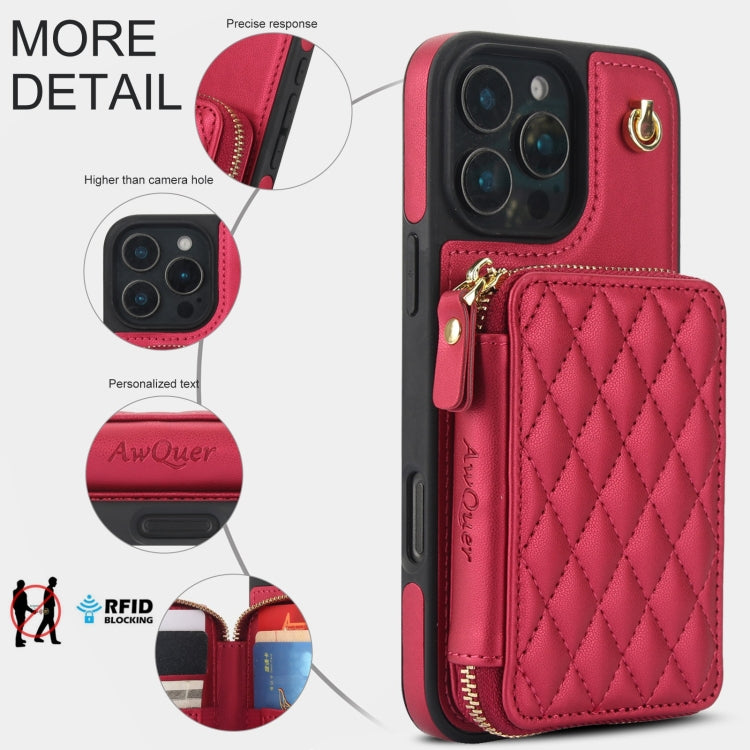 For iPhone 16 Pro AwQuer Crossbody Zipper Wallet Rhombic Leather Back Phone Case(Red) - iPhone 16 Pro Cases by Awquer | Online Shopping South Africa | PMC Jewellery | Buy Now Pay Later Mobicred