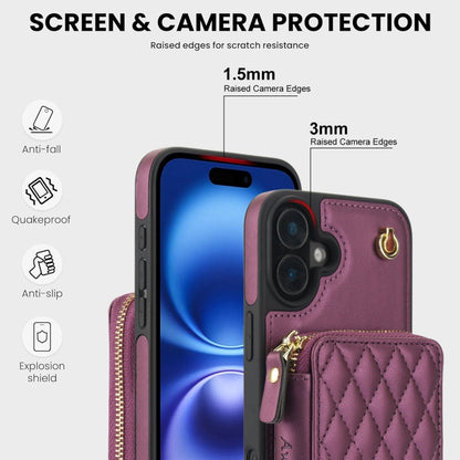 For iPhone 16 Plus AwQuer Crossbody Zipper Wallet Rhombic Leather Back Phone Case(Dark Purple) - iPhone 16 Plus Cases by Awquer | Online Shopping South Africa | PMC Jewellery | Buy Now Pay Later Mobicred