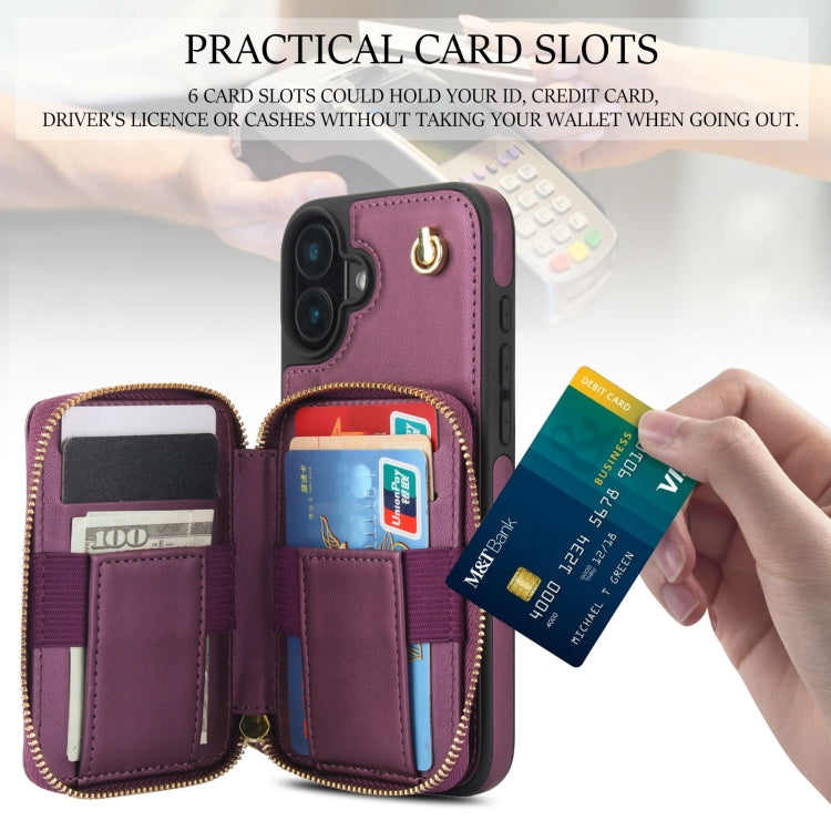 For iPhone 16 Plus AwQuer Crossbody Zipper Wallet Rhombic Leather Back Phone Case(Dark Purple) - iPhone 16 Plus Cases by Awquer | Online Shopping South Africa | PMC Jewellery | Buy Now Pay Later Mobicred