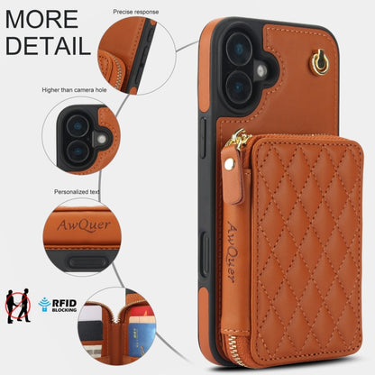 For iPhone 16 Plus AwQuer Crossbody Zipper Wallet Rhombic Leather Back Phone Case(Brown) - iPhone 16 Plus Cases by Awquer | Online Shopping South Africa | PMC Jewellery | Buy Now Pay Later Mobicred