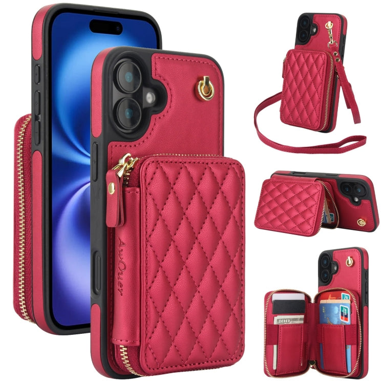 For iPhone 16 AwQuer Crossbody Zipper Wallet Rhombic Leather Back Phone Case(Red) - iPhone 16 Cases by Awquer | Online Shopping South Africa | PMC Jewellery | Buy Now Pay Later Mobicred